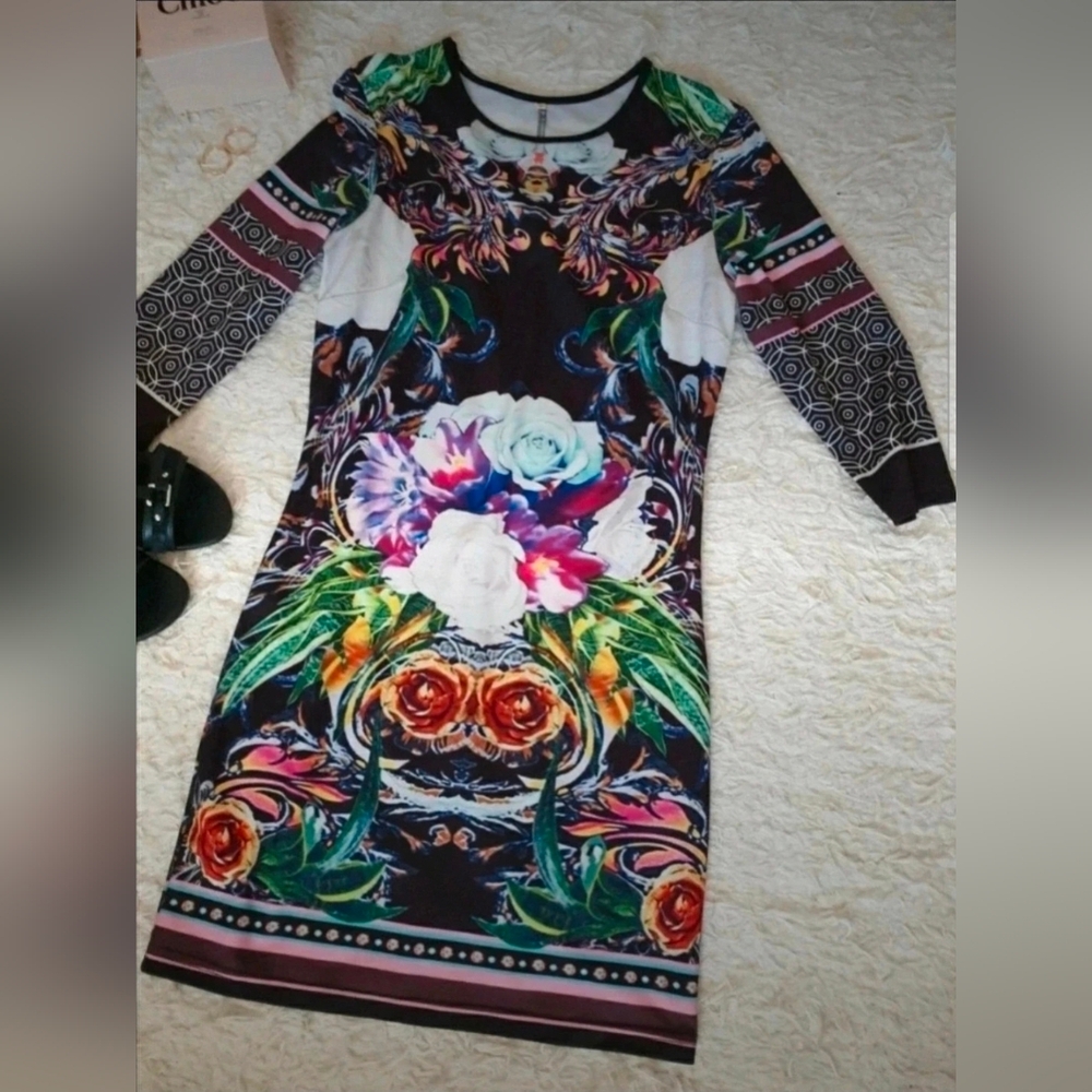 Boho Long-Sleeve Floral Bodycon Dress - S